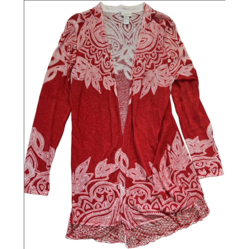 Women's Chico's Red & White Patterned Linen Blend Cardigan Size 0